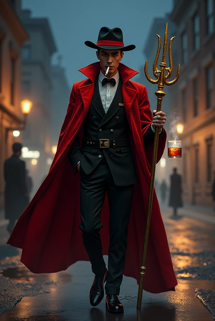 A young man walking down the street in a red velvet cape, black hat with a red ribbon, is holding a beautiful golden trident, smoking a cigar at night at the crossroads, He's drinking whiskey