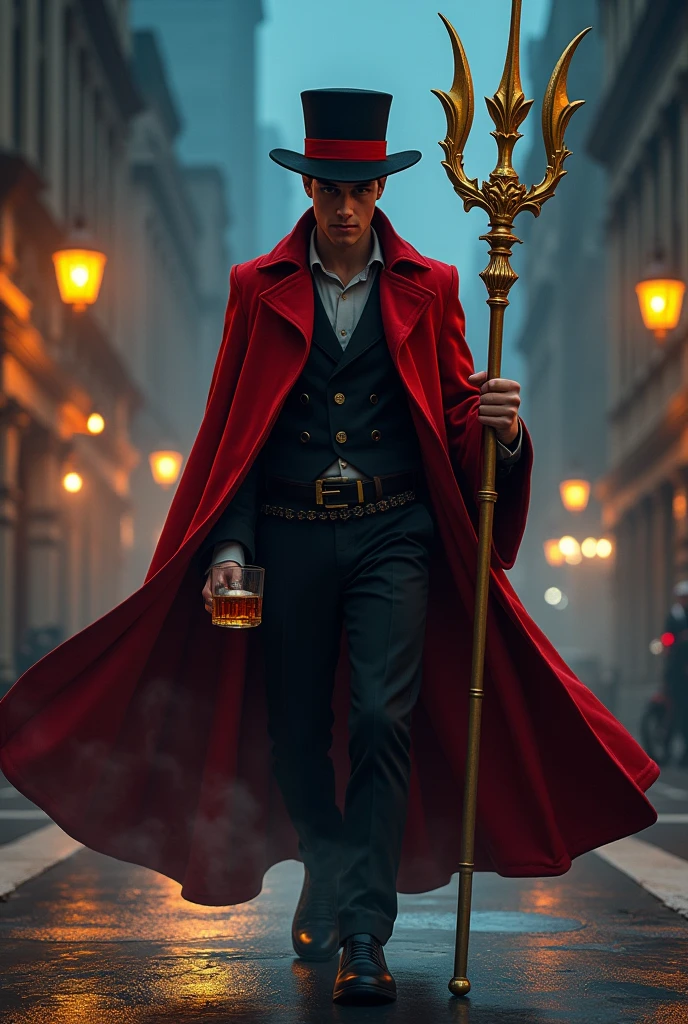 A young man walking down the street in a red velvet cape, black hat with a red ribbon, is holding a beautiful golden trident, smoking a cigar at night at the crossroads, He's drinking whiskey 