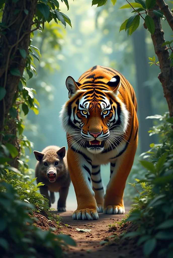 Create an image of a jungle with a tiger and its cub hunting a wild boar in the middle of the forest 