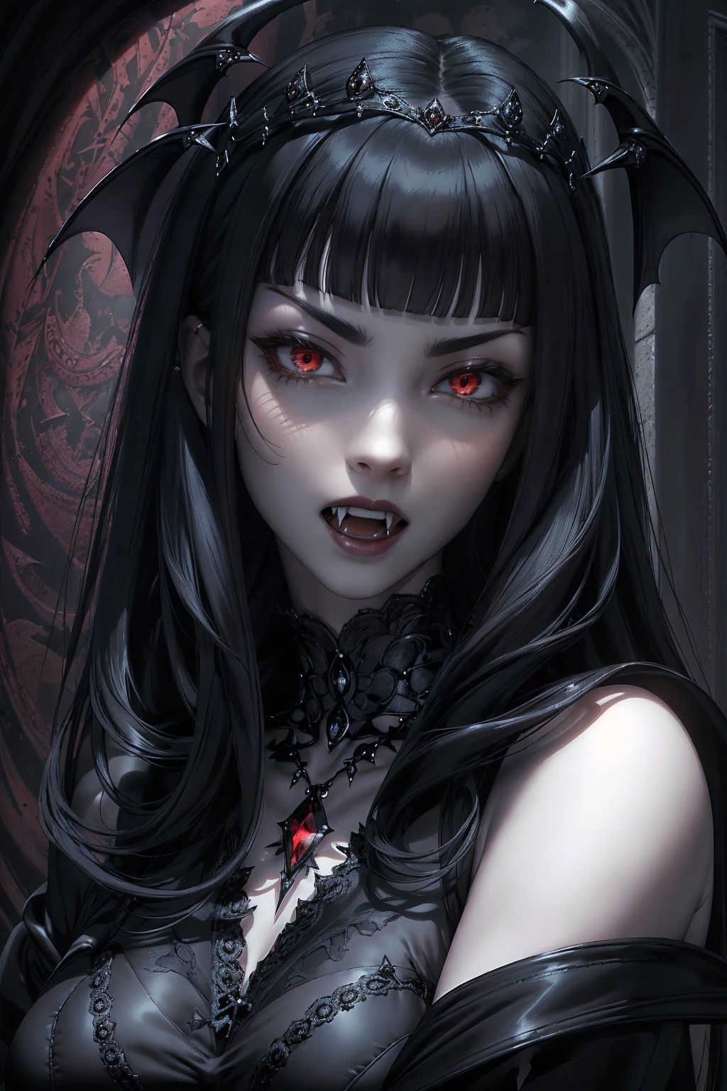 REALISTIC VISION 1.4, BETTER VAE,sharp focus, ultra detail, 32k,realistic photo, intricate details, absurdres, ((stunning female Vampire))), goth Renaissance, (long black hair:1.erfect and detailed angular sharp oval shaped face, ((redeyes)), jewelry, red and black tetradic colors, (bangs), full lips, black lipstick, gothic castle background, (solo), perfect anatomy, approaching perfection, ethereal, intricate details, ultra-high definition, 12k resolution, goth aesthetic, smooth, sharp focus, dreamy, glowing, backlit, glamour, glimmer, fantastical, shadows, smooth, Gothic crown,