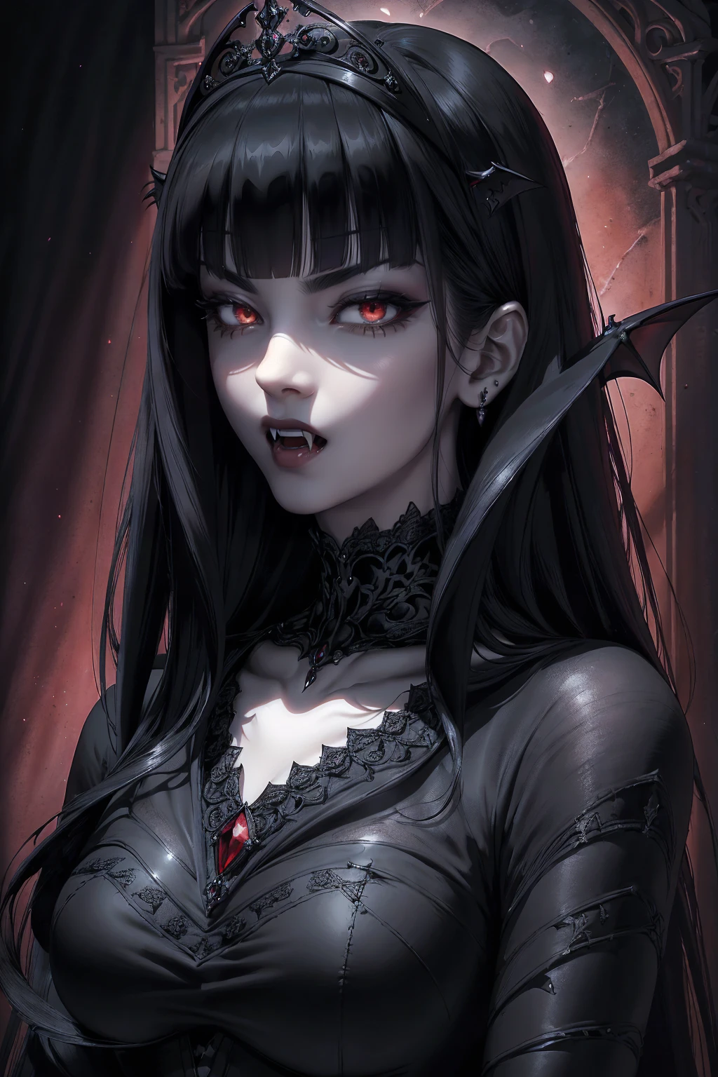 REALISTIC VISION 1.4, BETTER VAE,sharp focus, ultra detail, 32k,realistic photo, intricate details, absurdres, ((stunning female Vampire))), goth Renaissance, (long black hair:1.erfect and detailed angular sharp oval shaped face, ((redeyes)), jewelry, red and black tetradic colors, (bangs), full lips, black lipstick, gothic castle background, (solo), perfect anatomy, approaching perfection, ethereal, intricate details, ultra-high definition, 12k resolution, goth aesthetic, smooth, sharp focus, dreamy, glowing, backlit, glamour, glimmer, fantastical, shadows, smooth, Gothic crown,