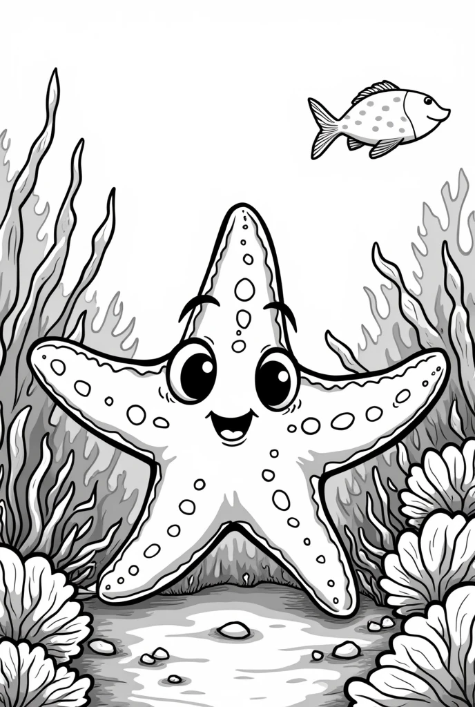 Black and White Outline Art for Kids, Starfish Coloring Book Page, Coloring Page for Kids, Full White, Kids Style, Full Body White Background, (((((white background))))) , use outline only, cartoon style, line art, coloring book, clean line art, white background. starfish, big eyes, seabed with coral reefs, white background, clean line, coloring page, children's e-book