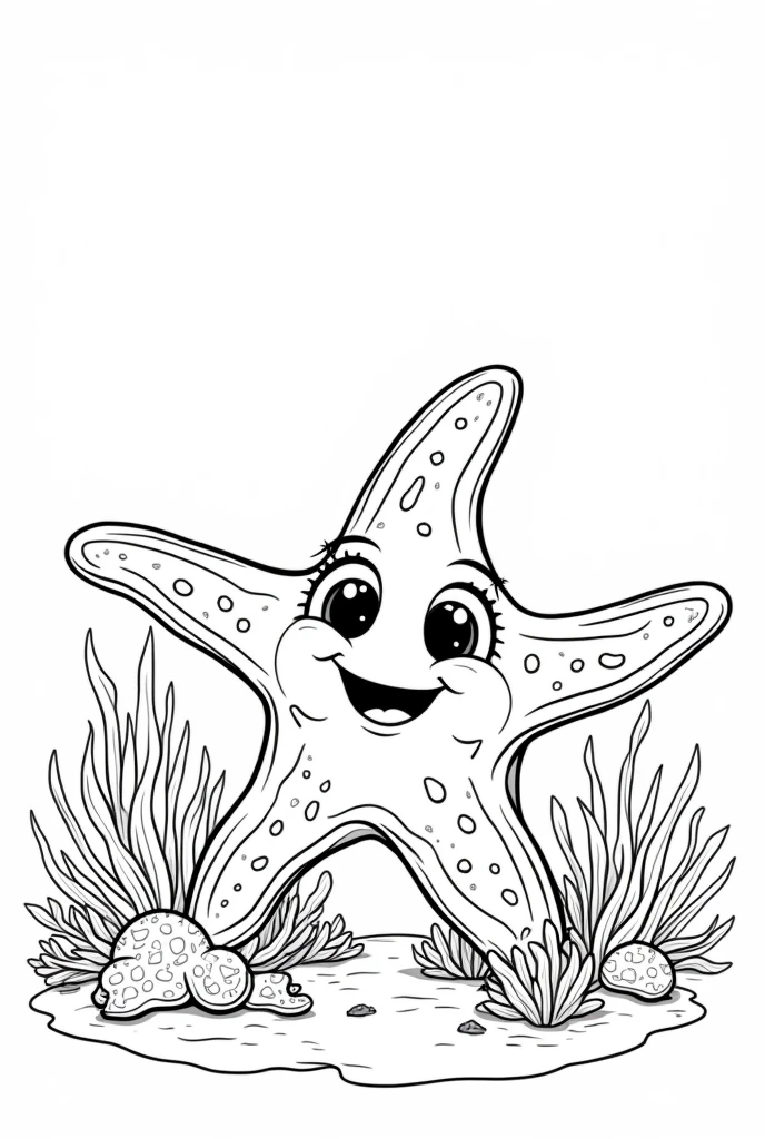 Black and White Outline Art for , Starfish Coloring Book Page, Coloring Page for Kidsll White, Kids StyFull Body White Background, (((((white background))))) , use outline only, cartoon style, line art, coloring book, clean line art, white background. starfish, big eyes, seabed with coral reefs, white background, clean line, coloring page, children's e-book