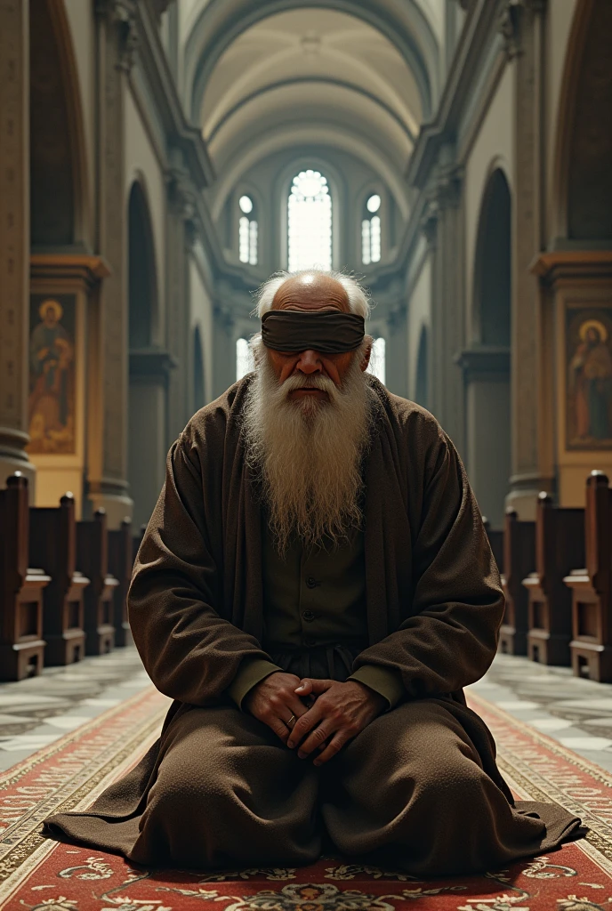 (photorealism:1.2), old man, blindhold on eyes, big, priest, roman church, on knees