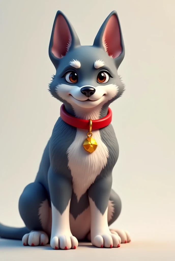 I will draw a 3D vector dog with gray and white fur, a red collar with a golden pendant. This dog has upright ears and resembles a German Shepherd.
