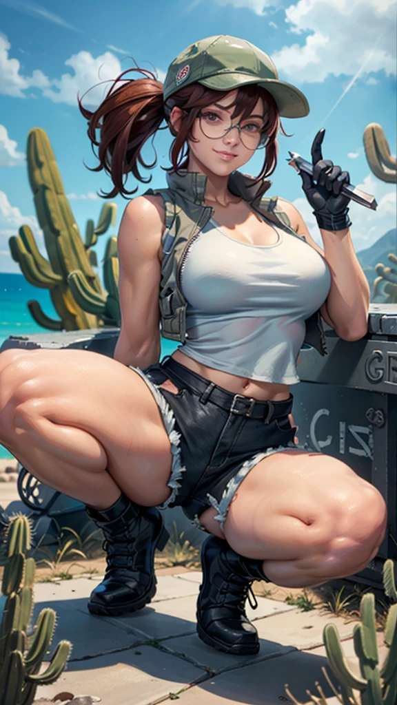 fio germi, shades, dark hair, twin ponytail, hat, vest, white tanktop, gloves, shorts, boots, kneepads, looking at viewer, serious, smirk, squatting, spreading legs, outside, ocean, holding a knife, cactus, blue sky, extreme detail, masterpiece, 