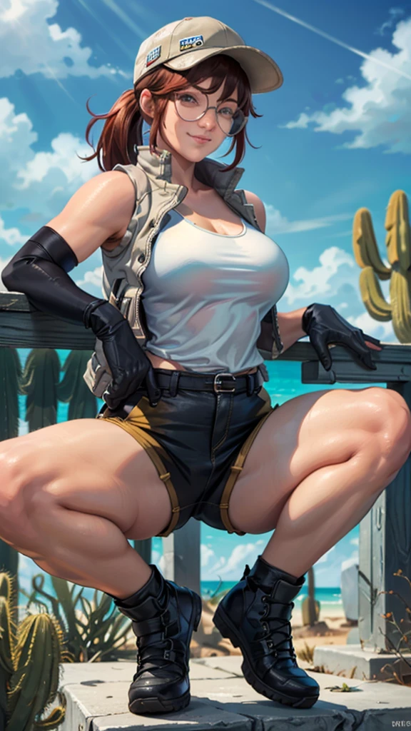 fio germi, shades, dark hair, twin ponytail, hat, vest, white tanktop, gloves, shorts, boots, kneepads, looking at viewer, serious, smirk, squatting, spreading legs, outside, ocean, holding a knife, cactus, blue sky, extreme detail, masterpiece, 