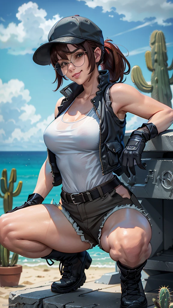 fio germi, shades, dark hair, twin ponytail, hat, vest, white tanktop, gloves, shorts, boots, kneepads, looking at viewer, serious, smirk, squatting, spreading legs, outside, ocean, holding a knife, cactus, blue sky, extreme detail, masterpiece, 