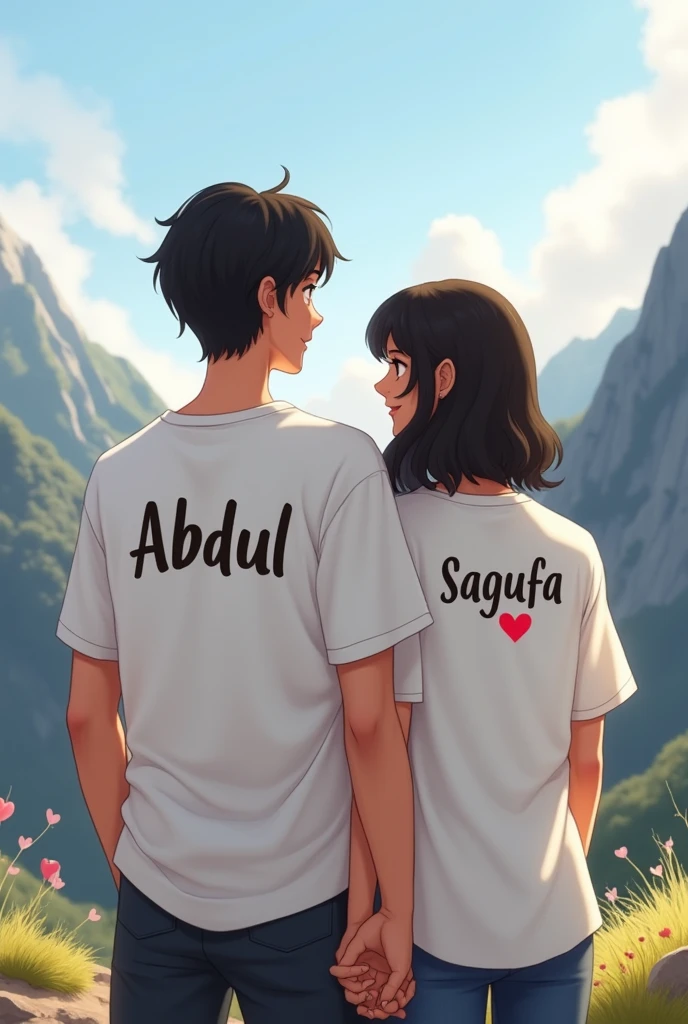 "A young couple, enjoying a peaceful moment on a mountain peak, both wearing white T-shirts. The boy's T-shirt has the name 'Abdul' written in deep black letters, positioned above a heart ❤️. Similarly, the girl's T-shirt features the name 'Sagufa' in dark black letters, also above a heart ❤️."