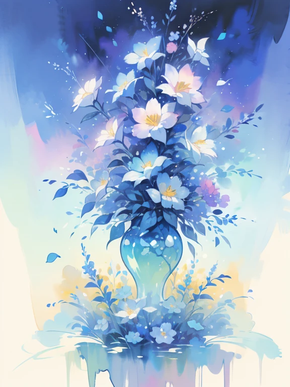 (best quality,highres,masterpiece:1.2),watercolor texture,blue artwork,vibrant colors,lots of flowers, intricate patterns,highly detailed,floral arrangement,creative design,artistic style,watercolor painting technique,shades of blue,ethereal lighting