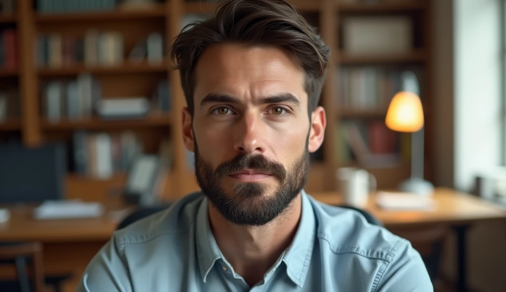 Portrait of a 35-year-old adult man with a youthful appearance, with himself as the main subject. He is in an indoor environment, suggesting an office. The man should be looking directly at the camera with a serious, thoughtful expression. He should have short, slightly wavy dark brown hair and a sparse beard evenly distributed across his face. The lighting should be natural, soft and from the side, evenly illuminating the man's face and creating subtle shadows. The blurred background should be an office, adding depth to the image. Items such as a desk, chairs, bookshelf, books, lamps and office objects should be present, but blurred so as not to distract the man's attention. Use a warm, natural color palette, with wood tones and soft, natural lighting, creating a welcoming, professional atmosphere. The photograph should capture extreme detail, with a high-quality rendering in 8k, with professional photographic quality. The image must be high resolution with attention to detail and realism.