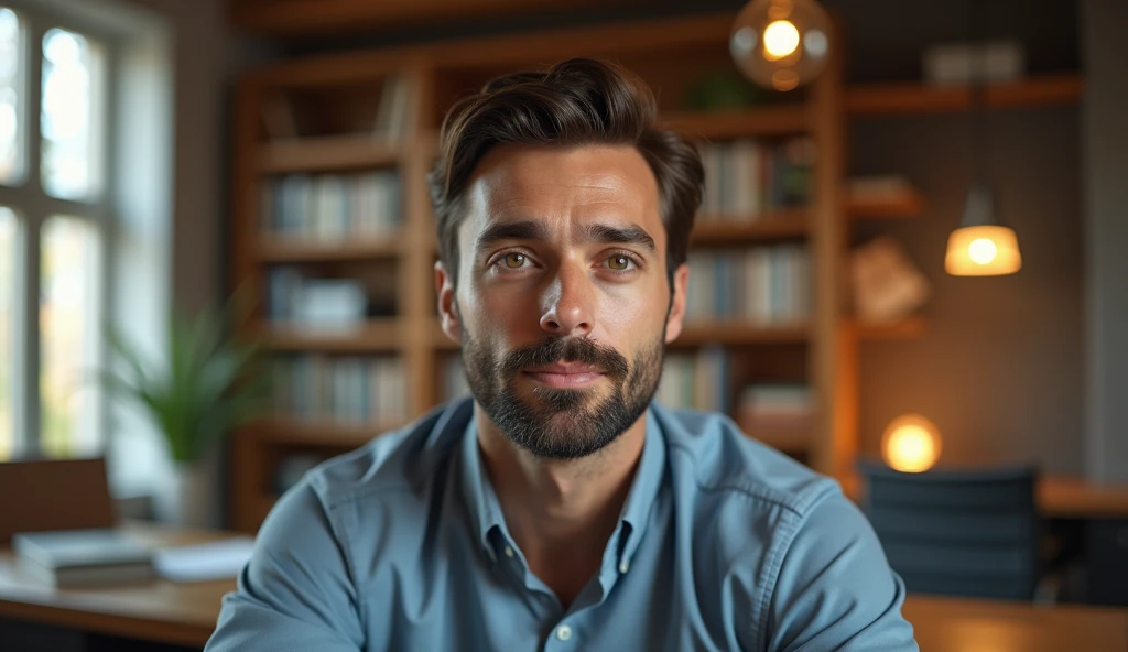 Portrait of a 35-year-old adult man with a youthful appearance, with himself as the main subject. He is in an indoor environment, suggesting an office. The man should be looking directly at the camera with a serious, thoughtful expression. He should have short, slightly wavy dark brown hair and a sparse beard evenly distributed across his face. The lighting should be natural, soft and from the side, evenly illuminating the man's face and creating subtle shadows. The blurred background should be an office, adding depth to the image. Items such as a desk, chairs, bookshelf, books, lamps and office objects should be present, but blurred so as not to distract the man's attention. Use a warm, natural color palette, with wood tones and soft, natural lighting, creating a welcoming, professional atmosphere. The photograph should capture extreme detail, with a high-quality rendering in 8k, with professional photographic quality. The image must be high resolution with attention to detail and realism.