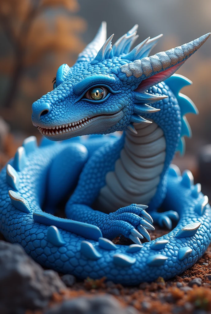 A adolescent blue dragon, detailed scales, iridescent blue scales, glowing eyes, sharp teeth, claws, small wings, curled body, sleeping, adorable, magical creature, fantasy art, digital painting, highly detailed, 8k, photorealistic, cinematic lighting, warm color palette