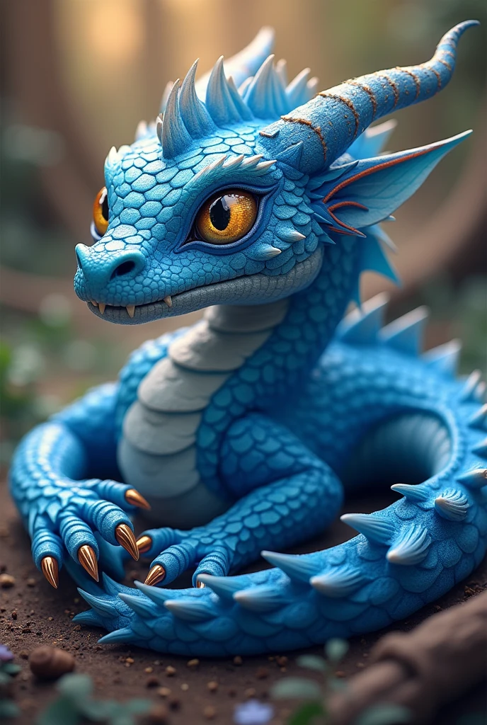 A adolescent blue dragon, detailed scales, iridescent blue scales, glowing eyes, sharp teeth, claws, small wings, curled body, sleeping, adorable, magical creature, fantasy art, digital painting, highly detailed, 8k, photorealistic, cinematic lighting, warm color palette