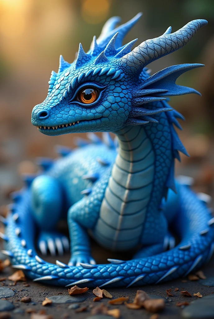 A adolescent blue dragon, detailed scales, iridescent blue scales, glowing eyes, sharp teeth, claws, small wings, curled body, sleeping, adorable, magical creature, fantasy art, digital painting, highly detailed, 8k, photorealistic, cinematic lighting, warm color palette