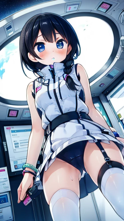 (Highest quality), (masterpiece), 1080P, High resolution, 4K, 8k, Inside the space station、Futuristic room、Thigh straps, Shooting from directly below, The woman on top of me, 白いSweat, Covered , Sweat, Woman looking down, Skirt swimsuit, Thigh-high socks, To achieve this, , , whole body, Black leather shoes, Braided hair, Inner Color, Embarrassed face, Short black hair, bracelet, Bedroom,celestial body_Vest
