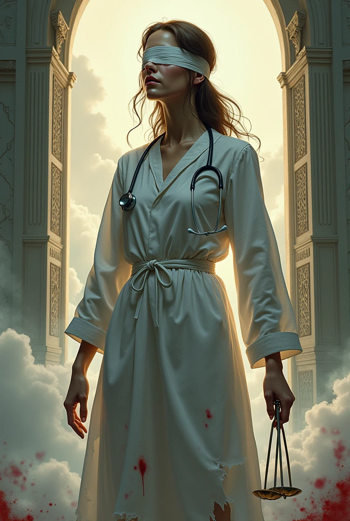 Female doctor wearing doctor's apron with stethoscope asking for justice symbol holding on one hand, stethoscope in another hand, afraid and crying(blind fold) infront of heaven door(typical cloudy and shiny heaven door) show her back side include indian tricolour flag. make it natural looking and tear her clothes like she got into road accident bleeding all over. Include indian tricolour flag