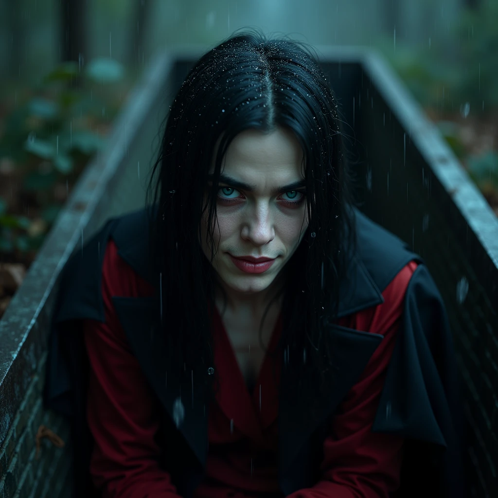 A sexy 19-year-old young male with black long hair, teal blue eyes with gothic clothing. He coming out of his coffin. (((Gloomy atmosphere))) Surreal, Insanely detailed, Detailed face, extremely detailed texture, Ultra Detail, Detailed face. Exquisite details and textures, no facial or body hair. ((smooky)) (((heavy rain)) ((rainy)))) (((cold))) (night) (Smirking while furrowing) (pretty male) (no facial or body hair) (his black hair is long and straight) he has long, pretty eyelashes. He has gothic makeup on his face. He is tilting his head and looking down at the camera while smirking and narrowing his eyes. He looks like a vampire. (((red and black)) He has a malicious expression on his face. He has eyeliner on his face.
