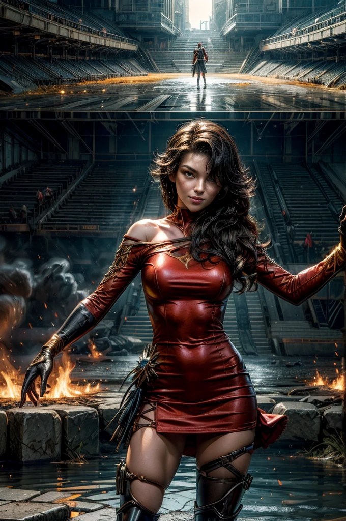 (masterpiece, best quality:1.2), cowboy shot, solo, 1girl, cinder fall, looking at viewer, long hair, red dress, elbow gloves, pantyhose, dynamic pose, standing holding flames, inside ancient wrecked stadium, burst water pipe, rubble, bonfires,  crowd, night, stars, evil smile, post-apocalypse, dystopian future  crowd, (volumetric lighting), sharp focus, hyper detailed 