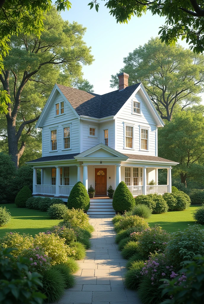 ((high quality:1.2)), (8k), extremely detailed, ((High detail:1.2)), ((HyperRealistic, natural soft light, organic details)), ((best resolution:1.4)), white american style property, garden with bushes in front, beautiful trees, glass windows, organic details, Objects,