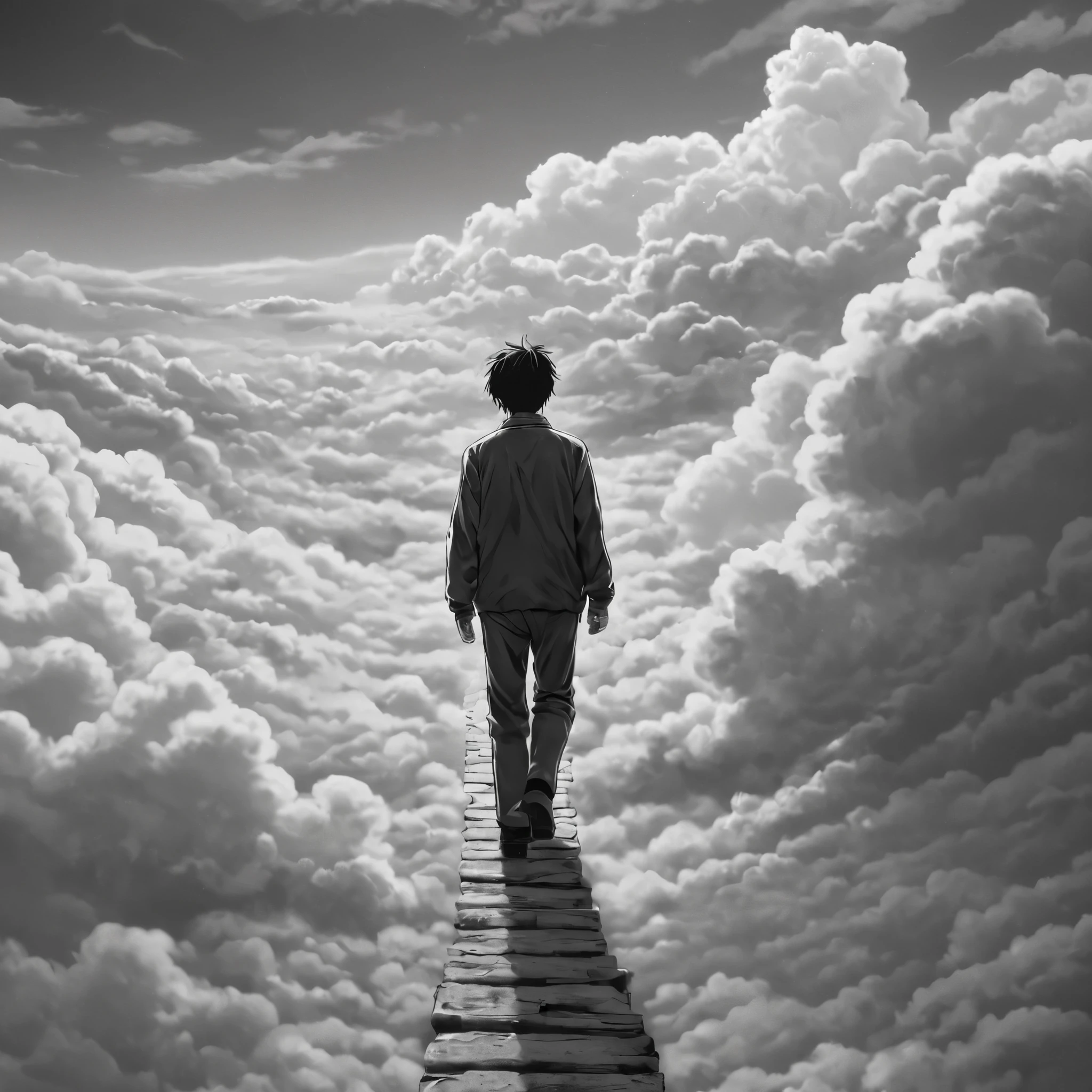 man walking on clouds, camera from behind, (anime), bizarre scenario, Junji Ito, Yusuke Murata, black and white, 8k, anime, horror