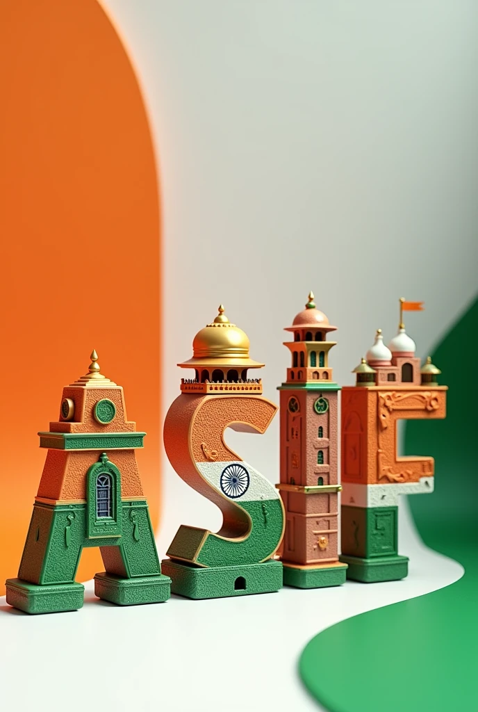 Generate an ai 3D image of my alphabetical name "ASIF" Using the three colours of indian flag along with ashoka chakra and the alphabets of the name must be designed with famous monuments / architecture of india like taj mahal, red fort etc