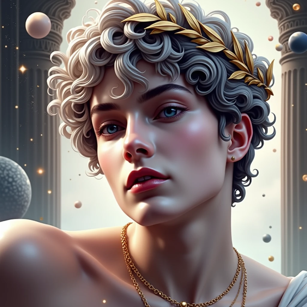 Greek god of celestial orbs and very beautiful white albino hair with golden jewelry and a crown of golden laurel leaves among his curls