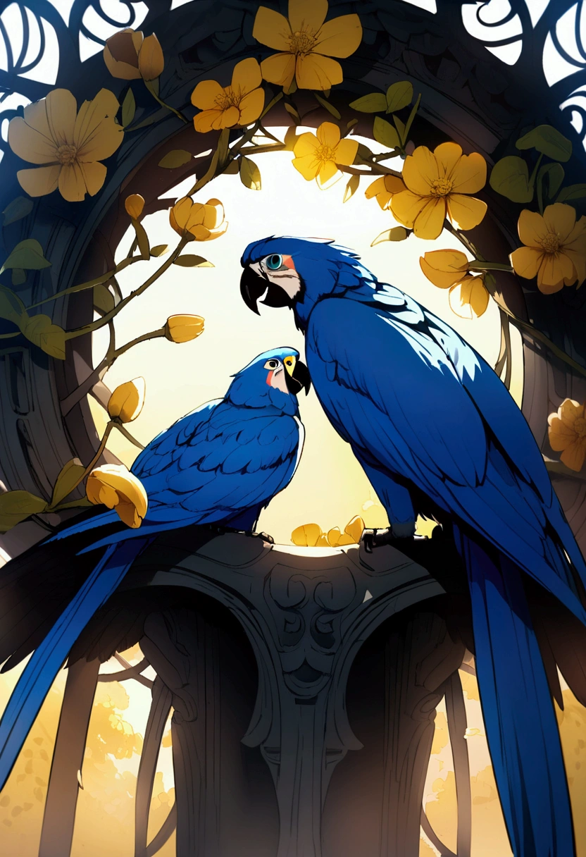 Blue macaws gazing at each other with wings spread open, with yellow flowers in the background.