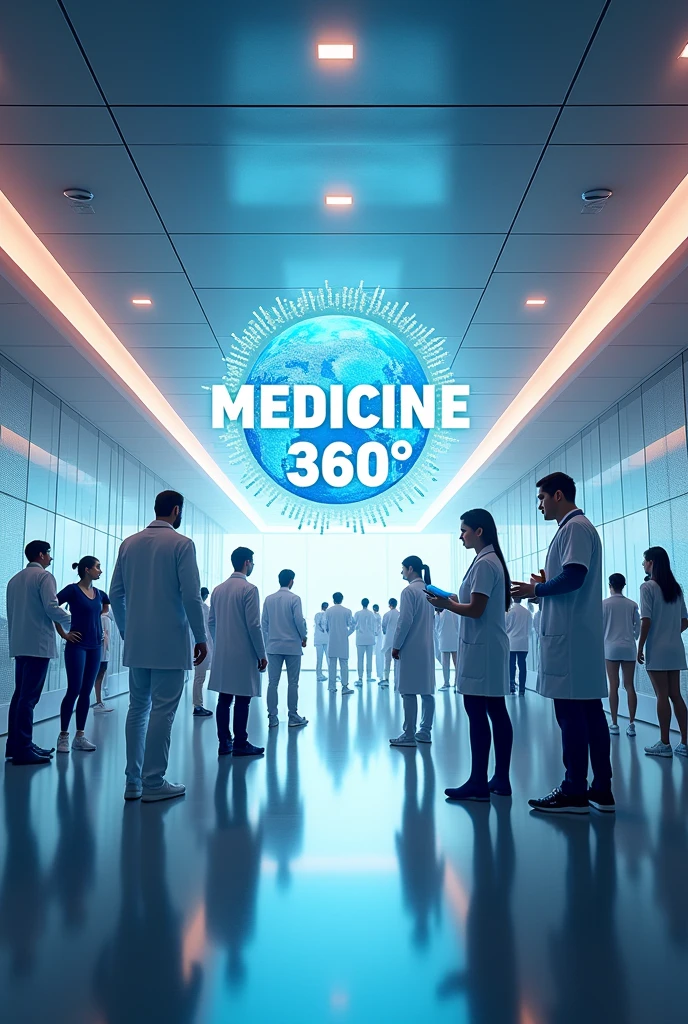 Create a brand, for a medical event, Named "MEDICINE 360º".  INCLUDE items related to genetics, sports and technology in the image.