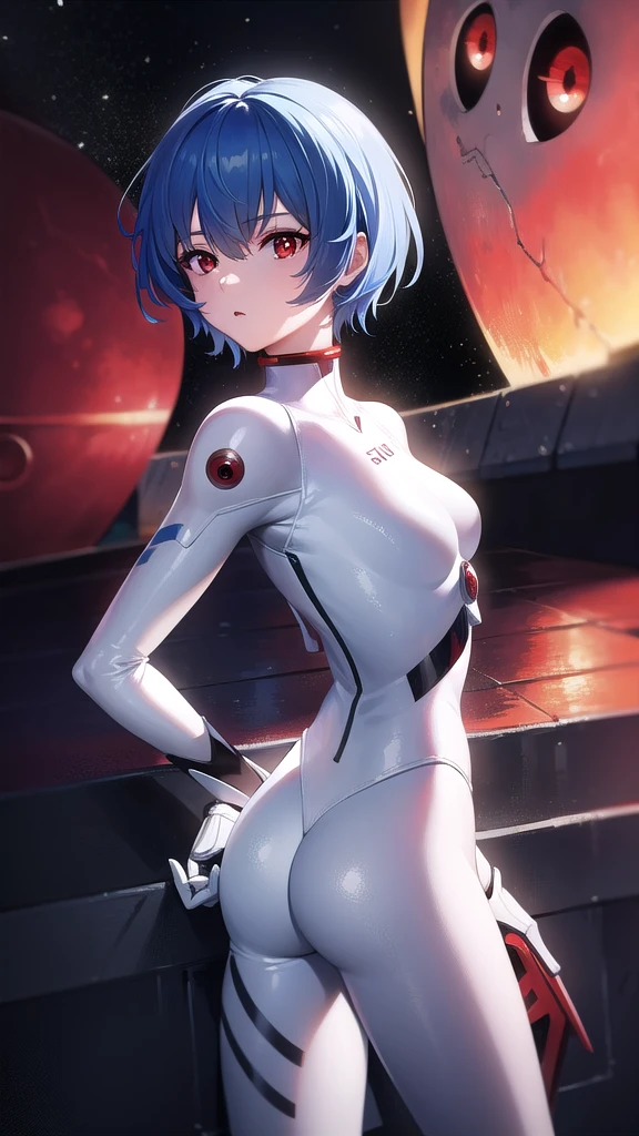 BREAK looking at viewer, BREAK (masterpiece:1.2), best quality, high resolution, unity 8k wallpaper, (illustration:0.8), (beautiful detailed eyes:1.6), extremely detailed face, perfect lighting, extremely detailed CG, (perfect hands, perfect anatomy),spaceship,stars,planets,milkyway,rei ayanami, blue hair, short hair, (red eyes:1.5),
bodysuit, headgear, plugsuit, white bodysuit,from behind,back view