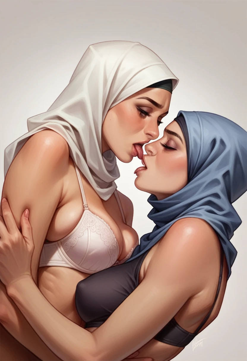 2woman, 3-Years-Old,Female Teacher, Hijab Beautiful Indonesian Woman, Wearing Tight Gamis, wearing bra, White Porcelain Skin, Realistic Ultra,,2, Lesbian Sex, deeply in Lustful, sharing nipple lick,,looking to the camera