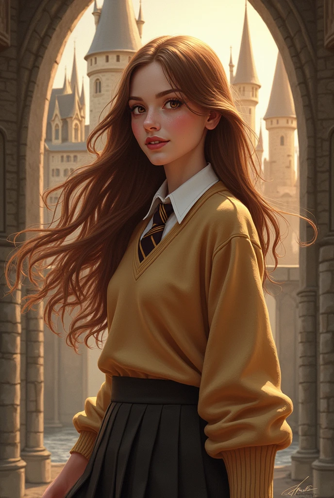 Drawing of a beautiful brown-haired woman with Harry Potter 