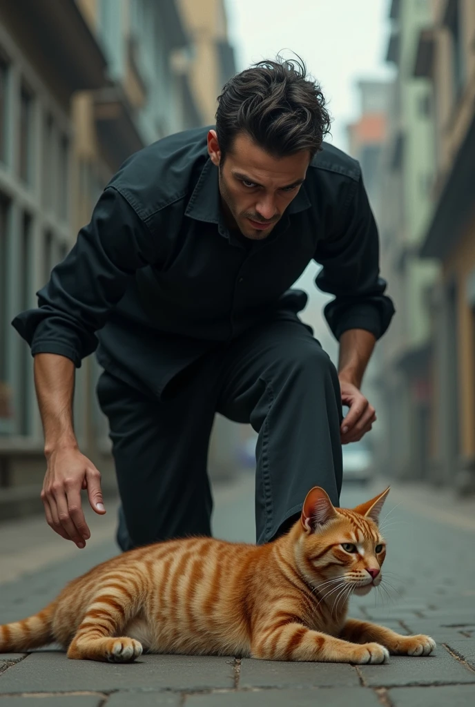 Ek smart creepy man jisne black shirt and pent pehni h jo ginger cat ko laat mar rha h