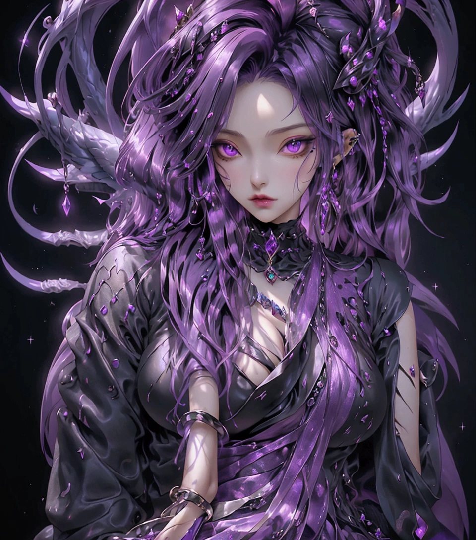 A woman in a purple dress holding, Morgana de League of Legends, gorgeous woman, epic fantasy art style hd, anime fantasy illustrations, seductive hypnotist woman, 2. 5 d cgi anime fantasy illustrations, fantasy art style, beautiful succubus, 4K fantasy art, artistic germ style, High quality fantasy art, Dark Fae, fantasy art in high definition. coven wings, fallen angel, purple hair, heavy makeup, dripping eyeliner