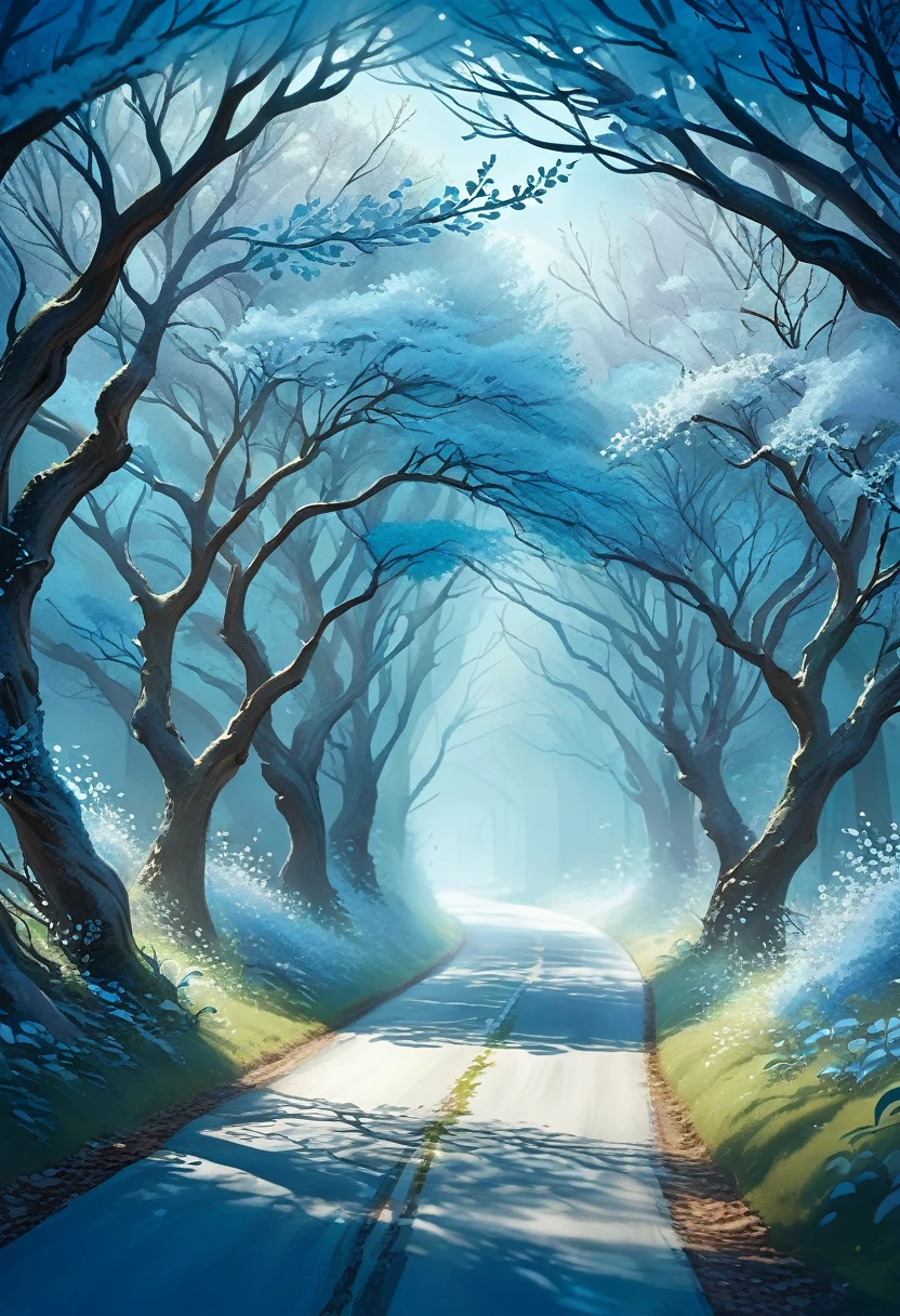 **Prompt:**
An empty road set against a serene blue background, with branches gently arching overhead, capturing a lovely and fantastical moment, in the style of magical realism, soft and dreamy lighting, subtle shadows, and delicate details in the branches, evoking a peaceful and enchanting atmosphere, ultra-realistic textures, UHD quality —ar 2:3 —v 5.1.
