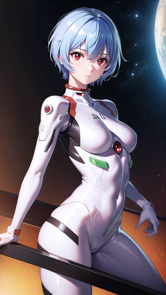 BREAK looking at viewer, BREAK (masterpiece:1.2), best quality, high resolution, unity 8k wallpaper, (illustration:0.8), (beautiful detailed eyes:1.6), extremely detailed face, perfect lighting, extremely detailed CG, (perfect hands, perfect anatomy),spaceship,stars,planets,milkyway,rei ayanami, blue hair, short hair, (red eyes:1.5),
bodysuit, headgear, plugsuit, white bodysuit,