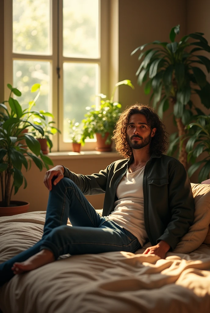 (photorealism:1.2), handsome man, sitting on bed, wearing jacket, jeans pants, long curly hair, indoors, soft lighting, plants in background, window with sunlight, cozy room, relaxed pose, realistic, intricate details, warm colors, by Greg Rutkowski, by Alphonse Mucha