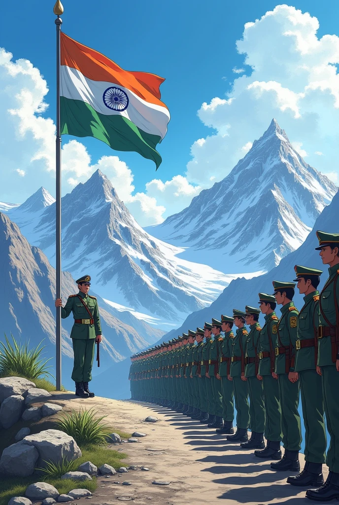 A battalion of indian soldier animie standing with giving respect to indian national flag in mountains
