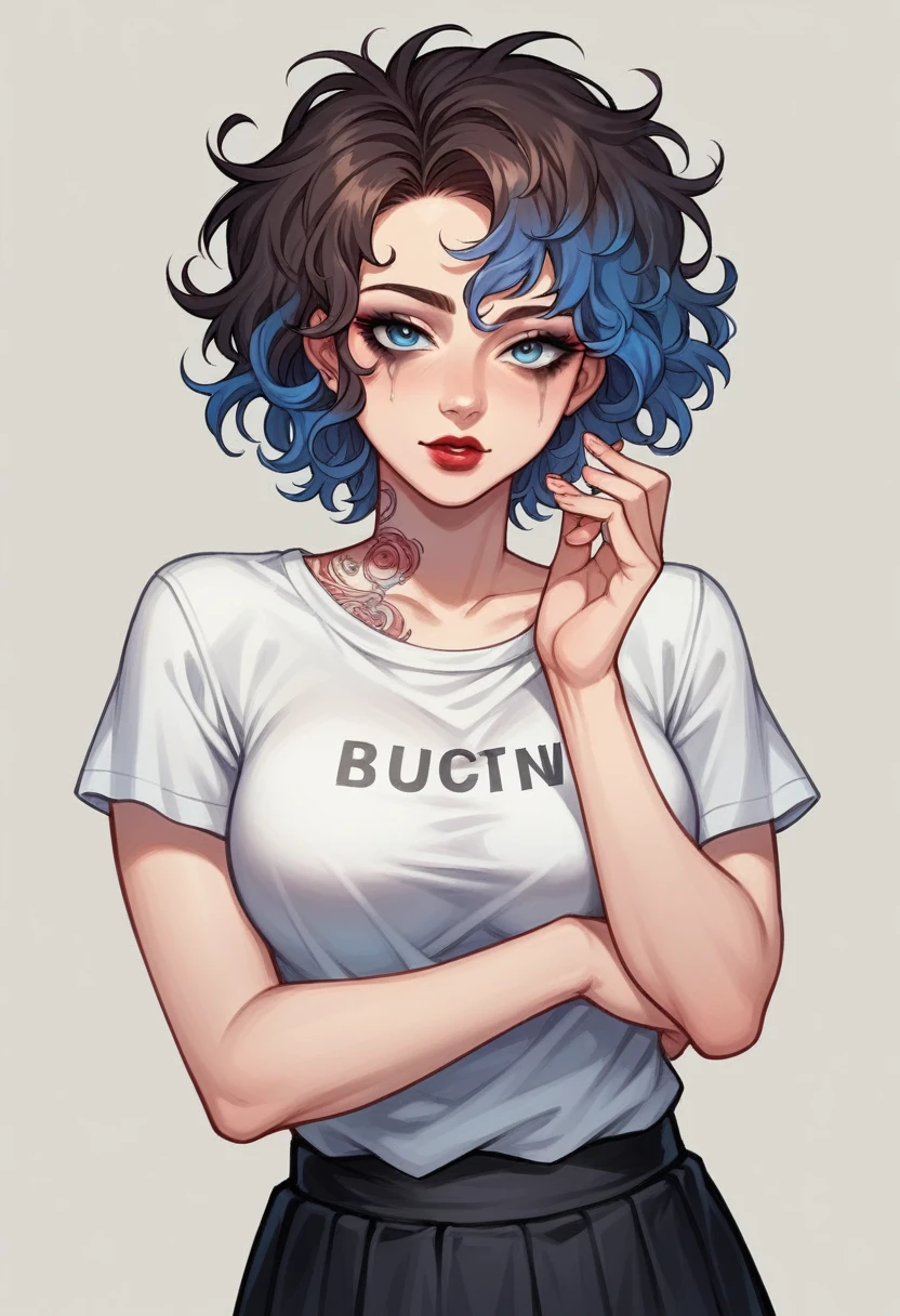 Anime style, 1women, seductive expression, bright red lips, sexy tattoo on hand, neck , brunette, black and blue multi colored hair, short hair , wavy hair, messy hair, curly hair, beautiful detailed dark eye makeup, beautiful detailed blue eye, white t-shirts, black short flowy skirt, sexy neckline, large neckline