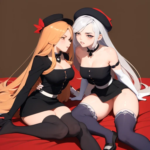 ((having hot lesbian sex in the bedroom. They are kissing, fondling, licking and with so much passion, these brunettes are so damn hot.)),(masterpiece, best quality:1.4), absurdres, highres, ultra detailed, beautiful, (secretary), (perfect face, detailed face, beautiful:1.3),(natural breasts, cleavage), collarbone, fingerless gloves, gloves,spaghetti strap top, black pencil skirt, tight, over the knee skirt, hat, elegant secretary outfit, thighhighs, thick thighs, thighs, multiple belts, More detailed 8K.motor irreal:1.4,UHD,La mejor calidad:1.4, fotorrealista:1.4, textura de la piel:1.4, obra maestra:1.8,obra-prima, mejor calidad,objeto Objeto], (detailed face features:1.3),(manos detailed)