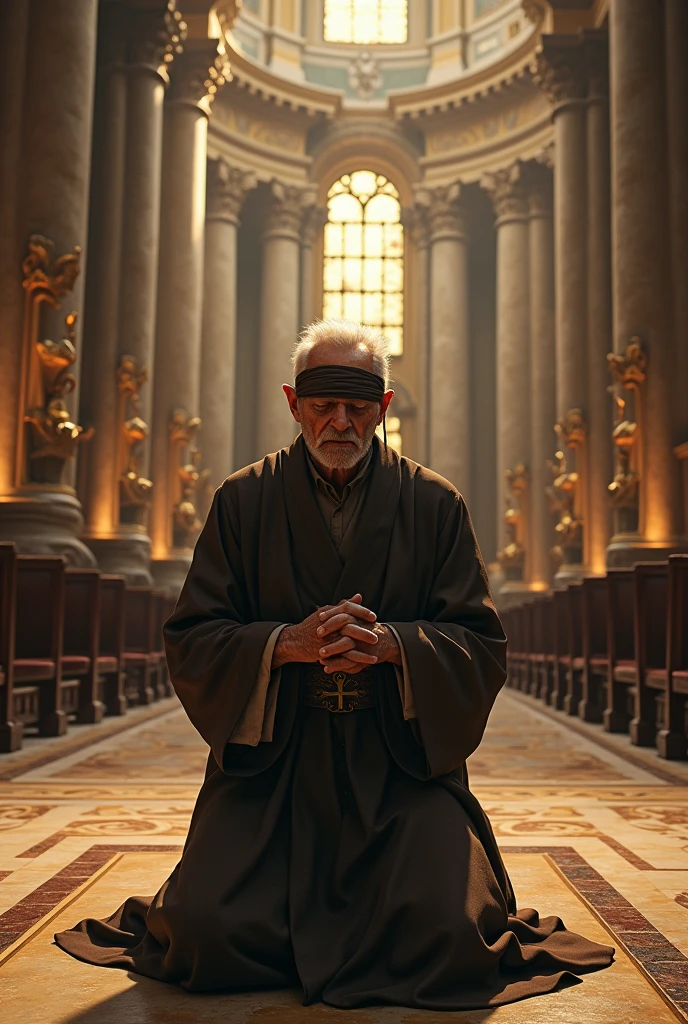 (photorealism:1.2), old man, blindhold on eyes, big priest, roman church, on knees