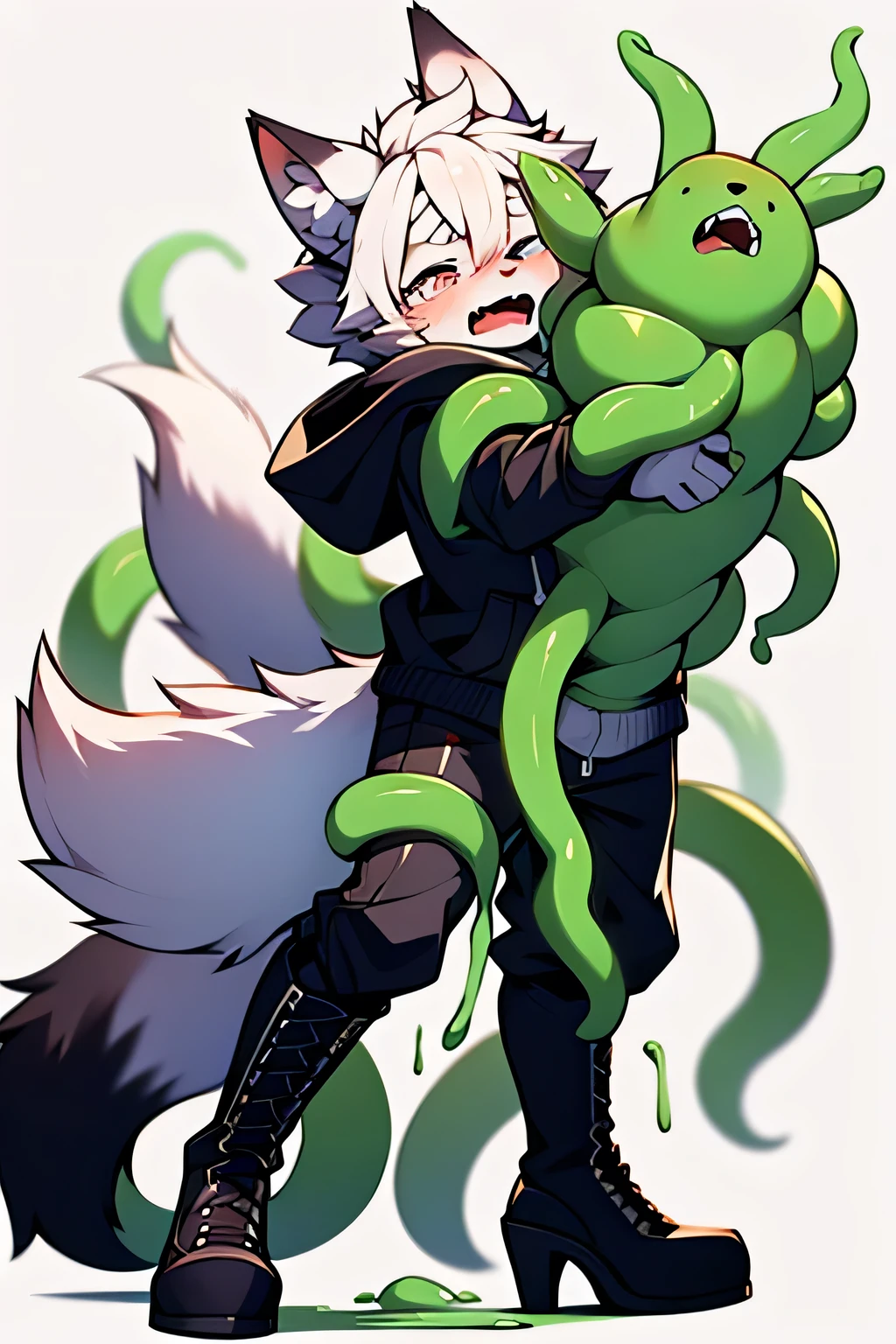 Show the whole body,Short white hair, ,alone,Wolf,Panting,My arms are grabbed by tentacles.,Open your mouth,Drooling,background:Tentacle nest,To be touched on the buttocks with tentacles,tears,Long trousers,the tail is fluffy, cute sleeved hoodie,Shota, Black long boots,Stiletto heels,Embarrassed face,Tentacles from behind,tentacles inserted into the buttocks