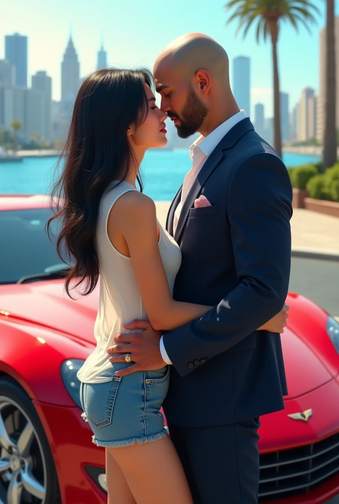 
"A Korean girl with long black hair, Wearing a pure white transparent fishing vest and denim shorts, in a bustling seaside city. The scene is in ridiculously high resolution, Super sharp details, With stunning 8K picture quality. The art is a true masterpiece, Shows Korean girl kissing her boyfriend " 1 American man in Colombia, stark, ((muscular and tall)),Youngh, shaved beard cut hair, in a suit , brown behind a stunning red supercar