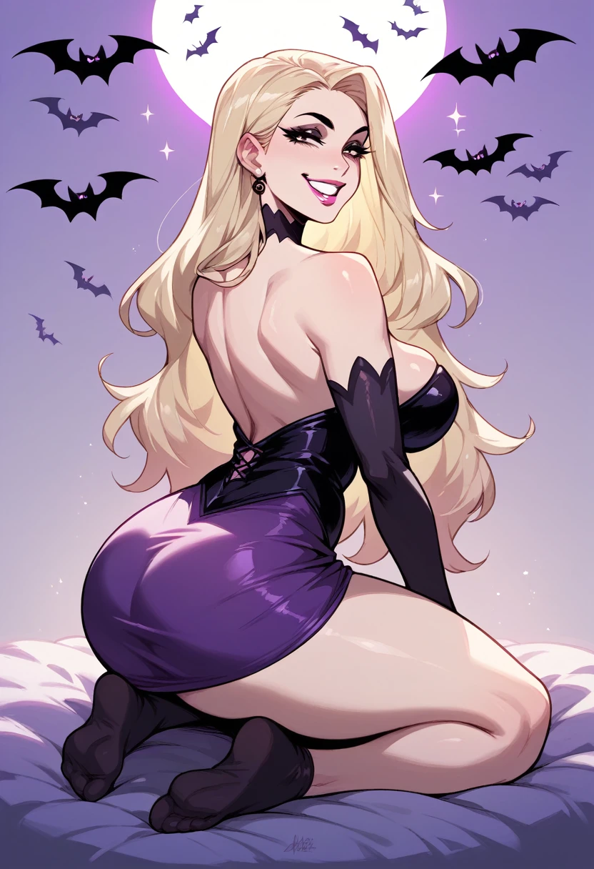 Mature Woman, solo, purple skirt, Halloween outfit, kneeling, pink lipstick, light blonde hair, thin long hair, makeup, beautiful face, thick eyelashes, black eyeliner, big smile, wide smile, teeth, back view 