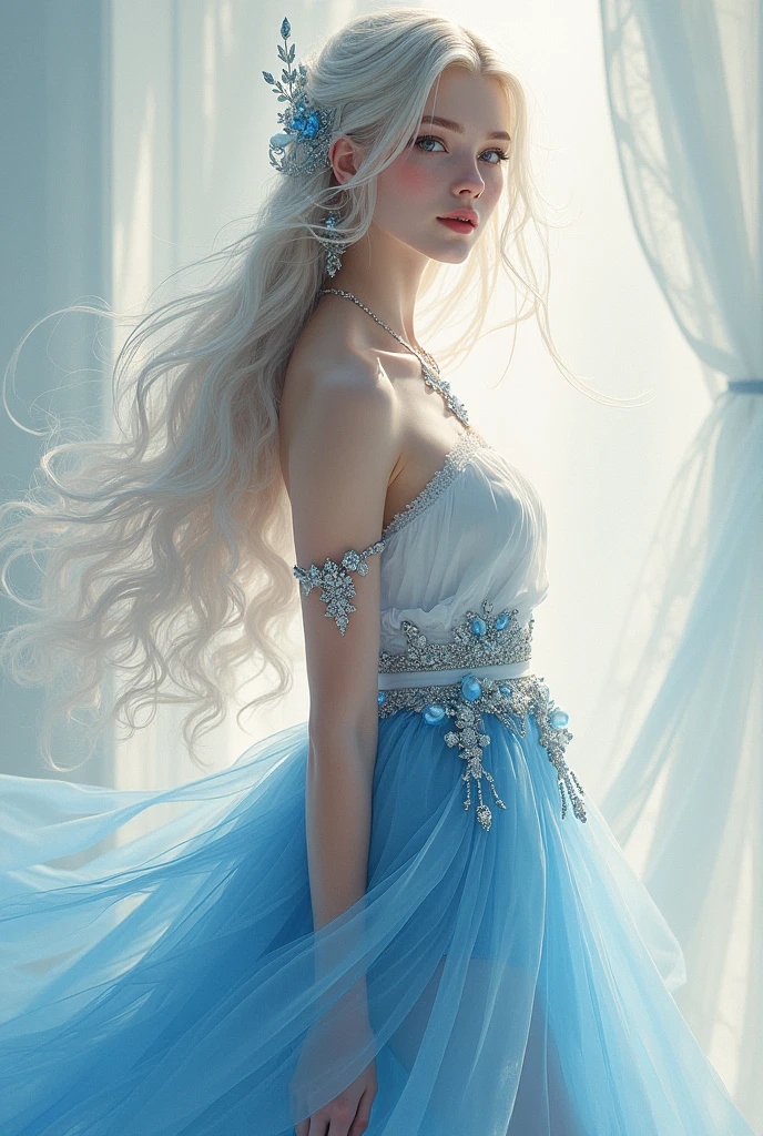 ((best quality)), ((head of'artwork)), ((1fille)), bare, Ferry, ((Longhaire)), FerryBase, ((thigh highs)), Bare shoulders, ((jewels)), ((sleeveless)), white dress, blue skirt, ((gants)), at thigh height, from behind.