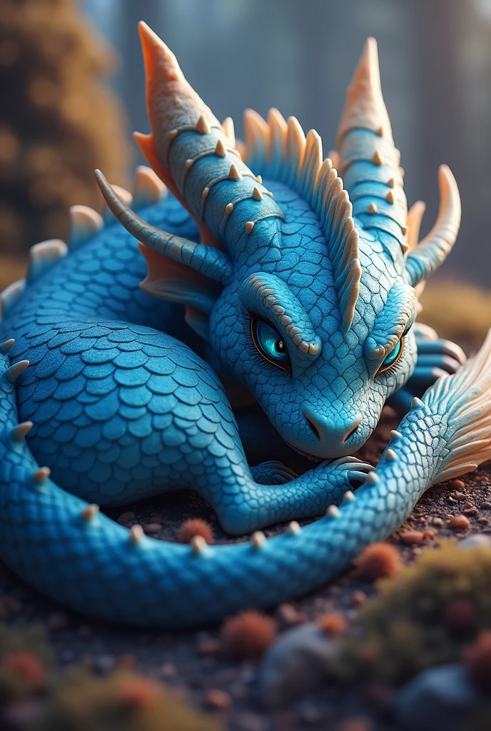 A 20-year-old coming-of-age dragon, detailed scales, iridescent blue scales, glowing eyes, sharp teeth, claws, small wings, curled body, sleeping, adorable, magical creature, fantasy art, digital painting, highly detailed, 8k, photorealistic, cinematic lighting, warm color palette
