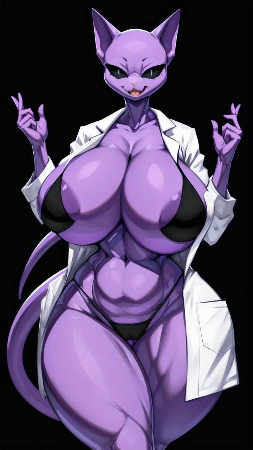 ((made by zackary911:1 art style)), ((adorable cute cat face)), (colors her skin and face purple:1), focus on the female furry cat, ((tall and imposing female body)), ((superiority and perfect body) ), ((female bald cat face dressed only in a white scientist's lab coat and a black bikini:1)), ((no hair anywhere on her body, no skin, total baldness, baldness:1)), masterpiece, Best quality, purple body and face color, a furry and feminine woman is a cute cat with purple hair, orange cat tongue, no hair anywhere on her body, pink cat nose, bare skin, big thighs, big tits and natural, big breasts, ((Hourglass figure)), (1.4), huge , thick, thick body, sexy massive female, Perfect body, big breasts, big ass, Perfect body, masterpiece, Best quality, full figure, voluptuous SEXY body, smooth. Perfect, athletic body, purple nipples, large oval eyes with black sclera and white pupils, orange tongue, ((purple inside her cat ears)), light pink cat nose, black and white eyes, ((long tail of dark purple color)), purple vagina, ((completely smooth face)), ((violet female sphinx cat face)), ((sphynx cat head)), orange cat tongue, adorable face, ((Cute face)), voluptuous cat woman, ((white scientist lab coat and a black bikini)), furry cat with an happy face expression, ((happy face)), happy face, venus Perfect body, ((only 2 cat ears Normal purple, no hair on the head:1)), purple nipples, completely, high quality, masterpiece, adorable and sexy, Beautiful adorable Perfect body, violet color of the body and the face, big black eyes with white iris, cat mouth, cat teeth, bald body, on a romantic date, ((made by art style zackary911:1)