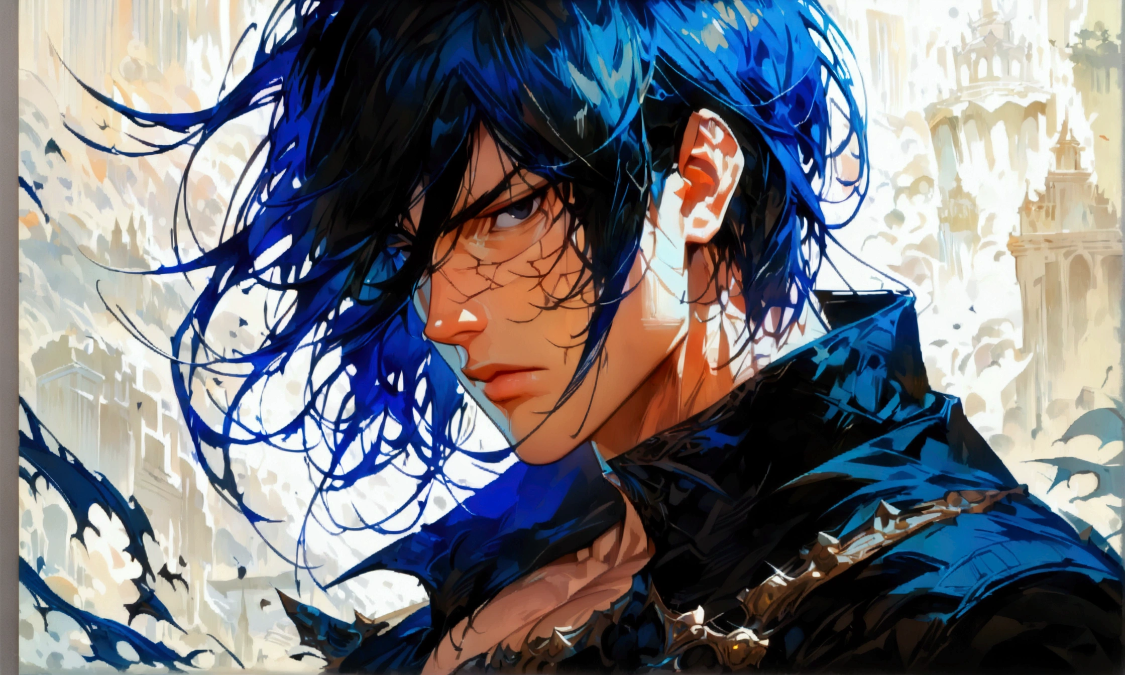 Muscular man, messy big dark blue hair, black eyes, dark style black outfit, serious look, ((Intricate anime character design inspired by Castlevania)), ((Stunning lighting)), ((Fine lines)), ((Stunning focus)), ((Stunning face)), ((Detailed focus)), ((Detailed background)), ((Ultra-fine 2D design)), ((Creativity-soaked scenery)), ((2D masterpiece)), ((Best quality), ((8K)), ((Anime style))