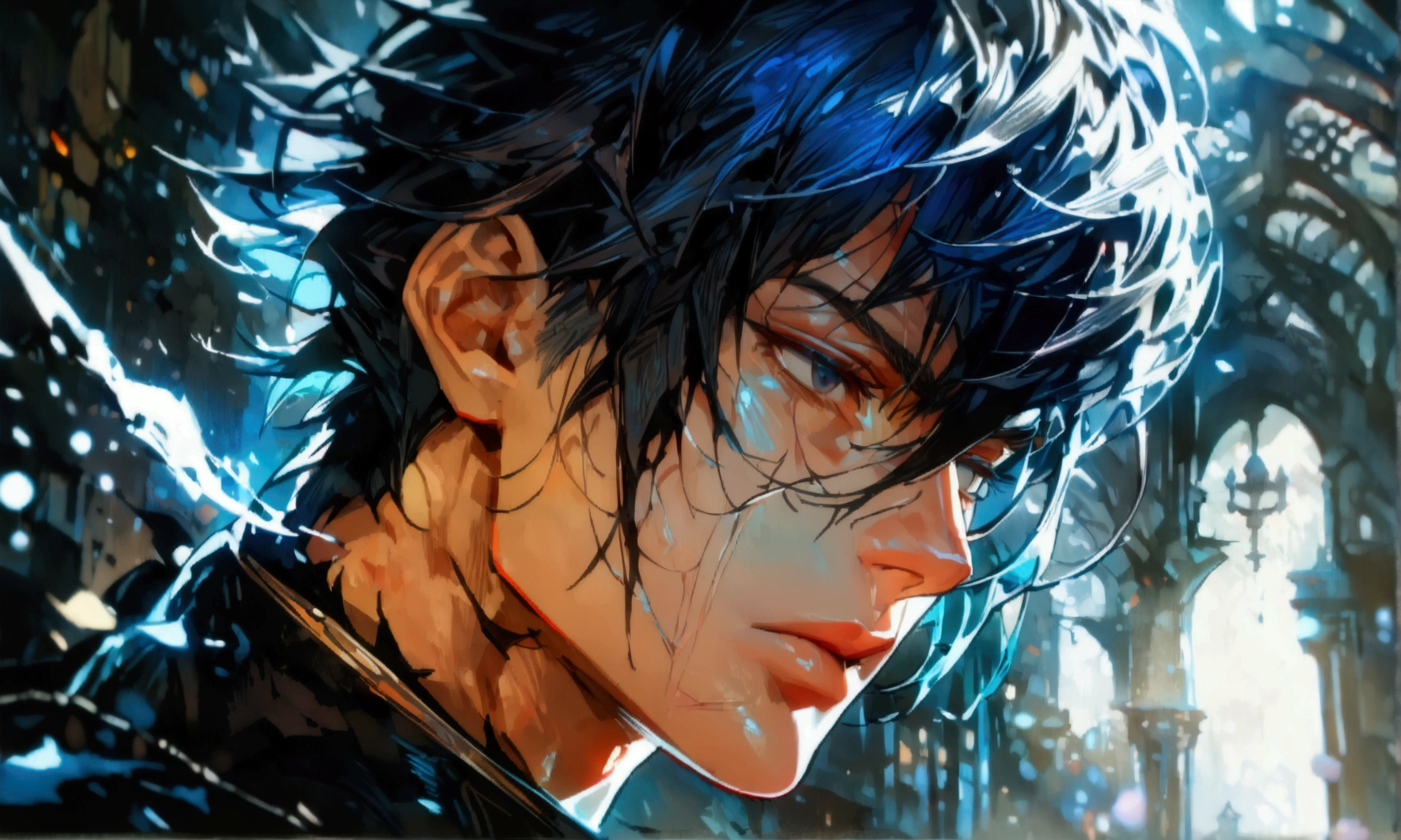 Muscular man, messy big dark blue hair, black eyes, dark style black outfit, serious look, ((Intricate anime character design inspired by Castlevania)), ((Stunning lighting)), ((Fine lines)), ((Stunning focus)), ((Stunning face)), ((Detailed focus)), ((Detailed background)), ((Ultra-fine 2D design)), ((Creativity-soaked scenery)), ((2D masterpiece)), ((Best quality), ((8K)), ((Anime style))