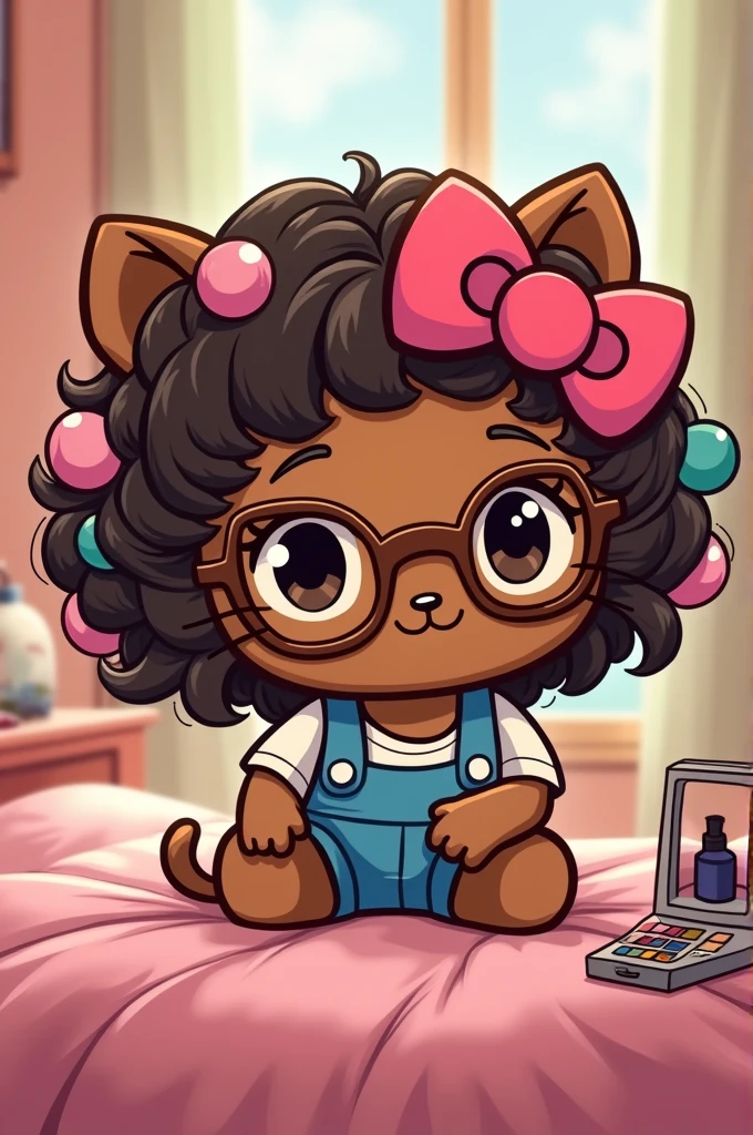 Hello Kitty with curlers and glasses, brown skin